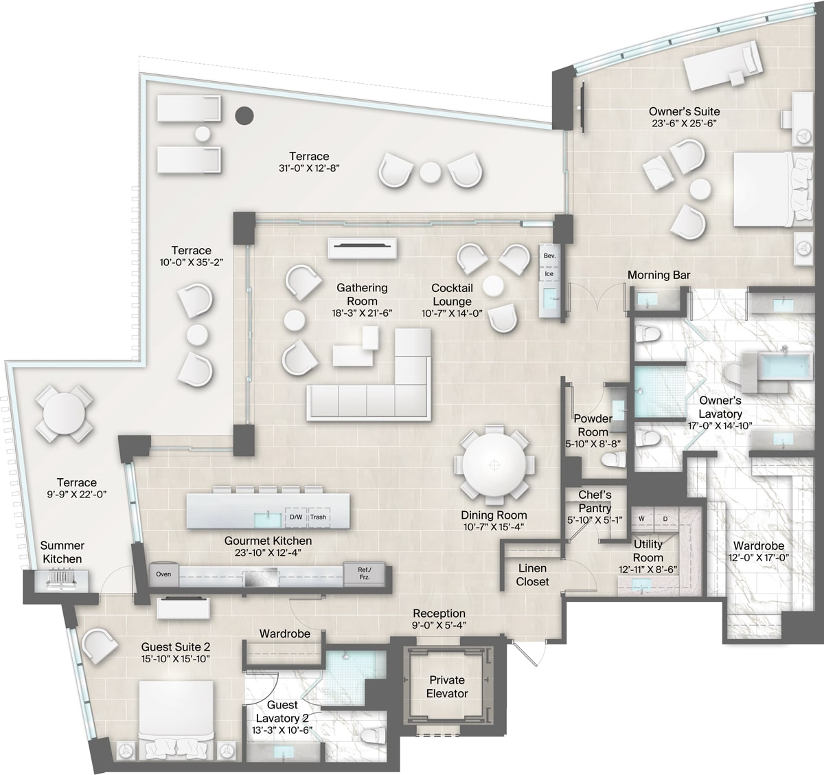 Champagne Building, Plan 10 & 11 Floorplan includes 2 bedrooms, 2.5 baths and terrace