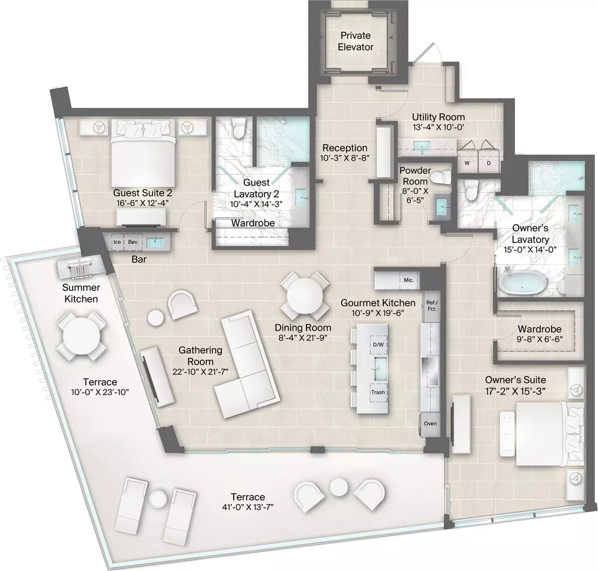 Champagne Building, Plan 12 & 13 Floorplan includes 2 bedrooms, 2.5 baths and terrace