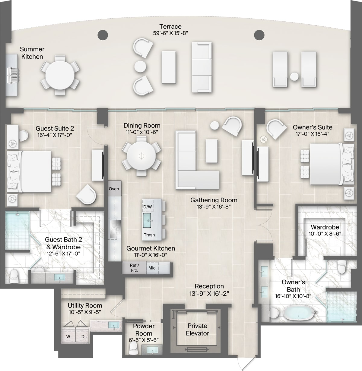 Champagne Building, Plan 14 Floorplan includes 2 bedrooms, 2.5 baths and terrace
