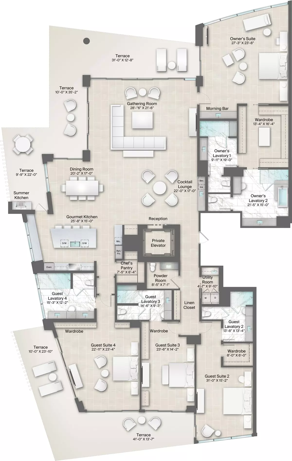 Champagne Building, Plan 9 & 18 Floorplan includes 4 bedrooms, 5.5 baths and 2 terraces 