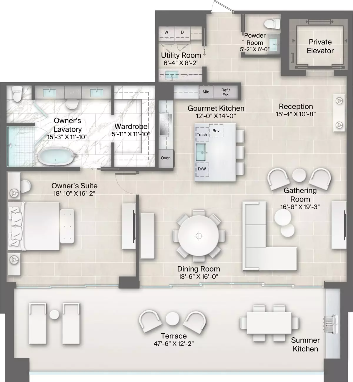 Bateau Building, Plan 7 Floorplan includes 1 bedroom, 1.5 baths and a terrace with a bay/garden view