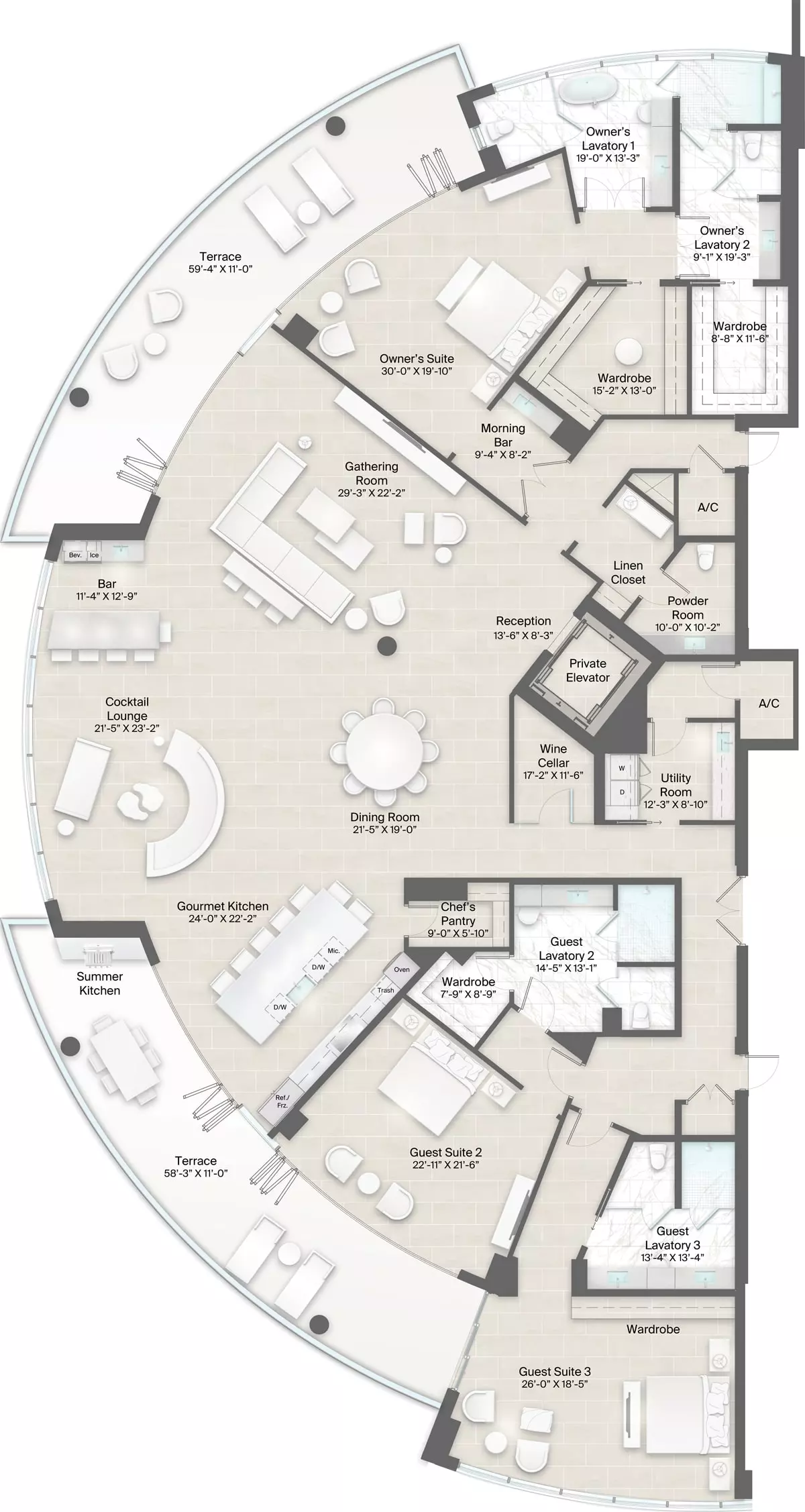 Armand Building, Plan 1 Floorplan includes 3 bedrooms, 4.5 baths and 2 expansive terraces looking out to the Gulf of Mexico. 