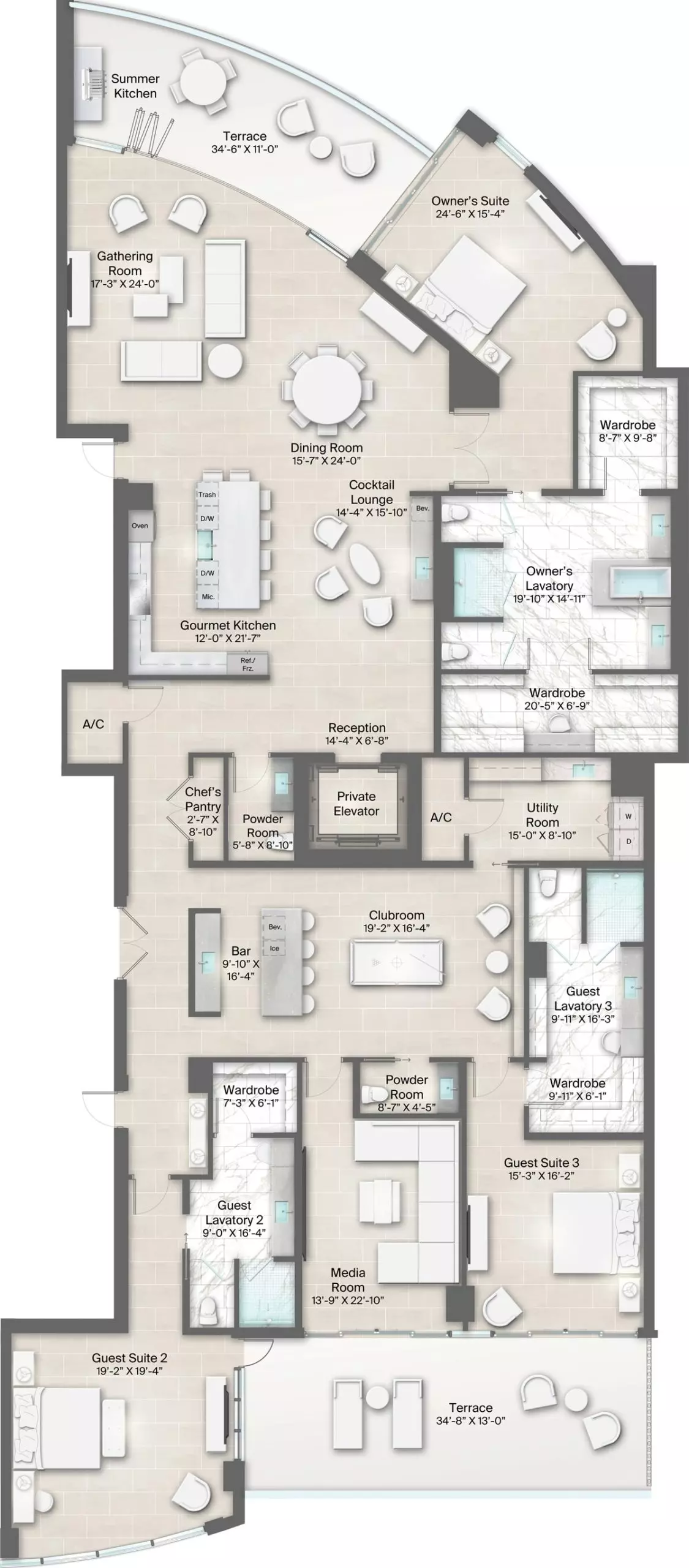 Armand Building, Plan 2 Floorplan includes 3 bedrooms, 3.5 baths and 2 terraces one looking North and the other South. 